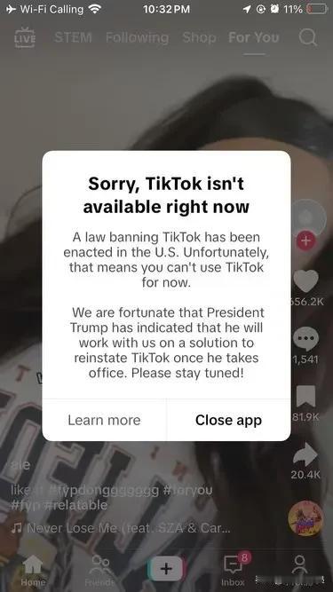 见证历史，tiktok被禁了！说好等特朗普的呢？说好1/19日才执行啊（美国还是
