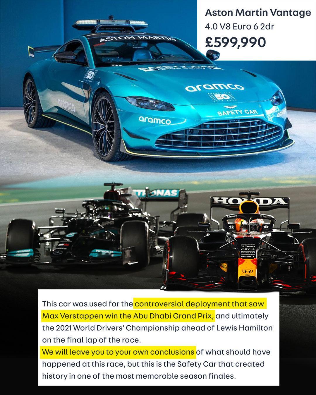 21年阿布扎比站阿斯顿马丁安全车正在出售，价格将近60万英磅f1