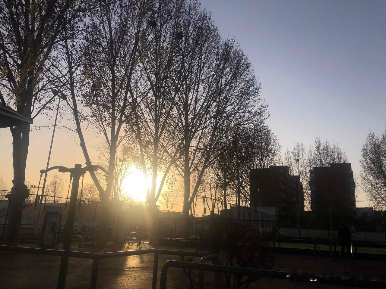 健身器材这儿空着，就我倚着栏杆看这景儿，远处的楼都成了黑糊糊的坨子，也就天边还挂