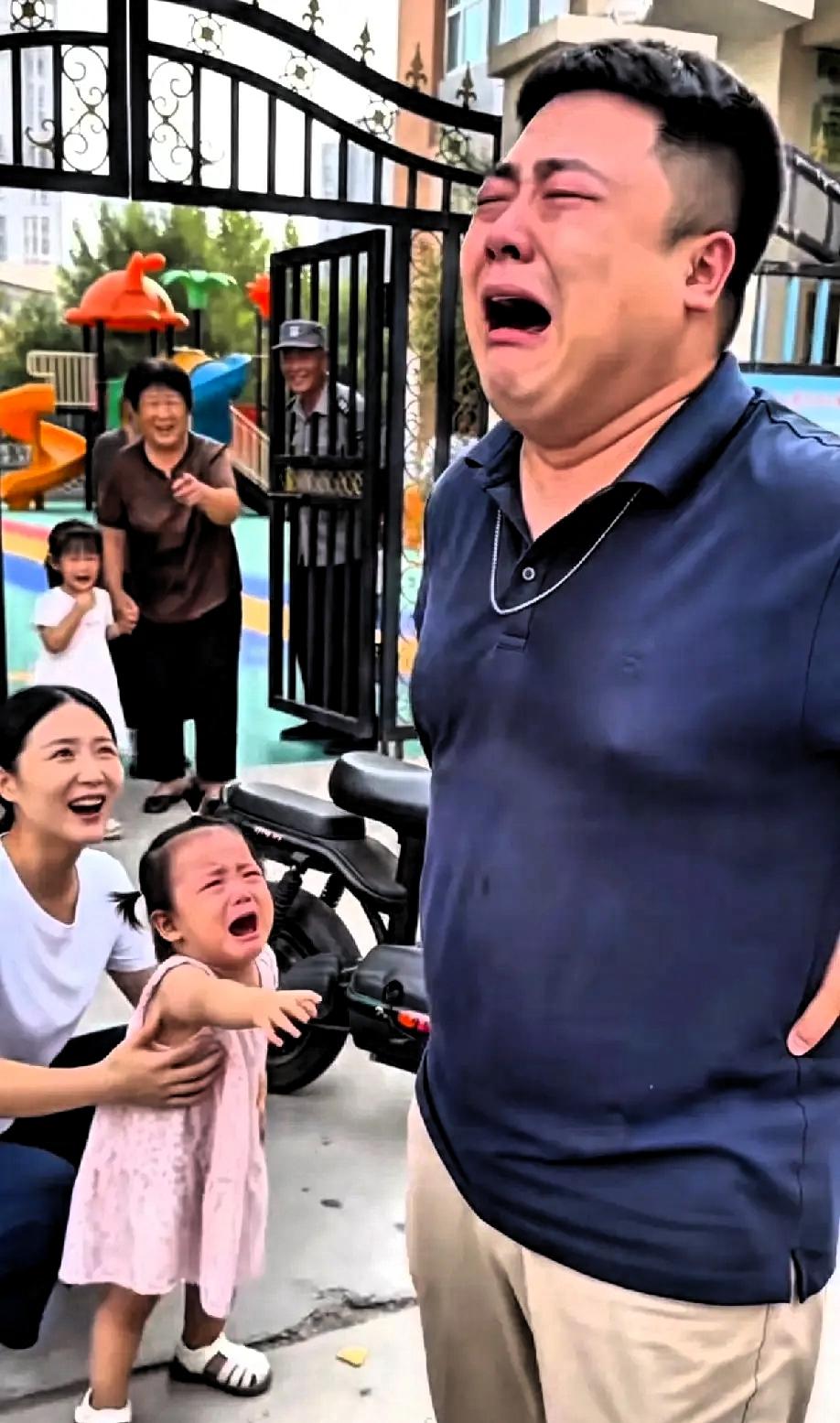 爸爸送女儿第一次上幼儿园，哭得稀里哗啦。妈妈本想哭，却被爸爸抢了风头。孩子第一次