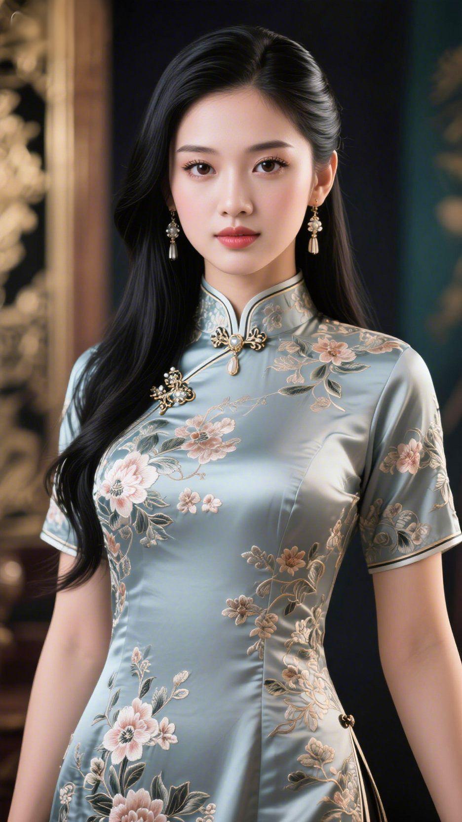 青襟裹花柔
 
深室柔光里，这抹浅青携着花意轻落。
 
旗袍领间的盘扣缀着雅饰，