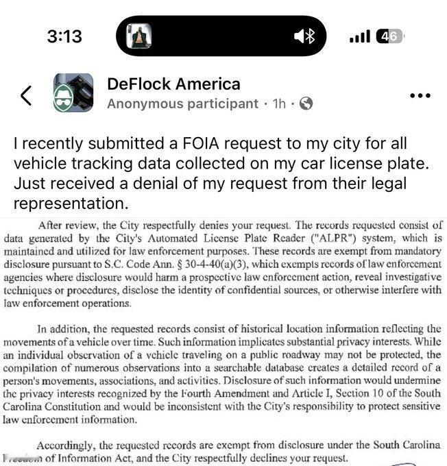 这个人向他的城市提交了一份FOIA请求，要求获取他自己的车牌信息（Flock D