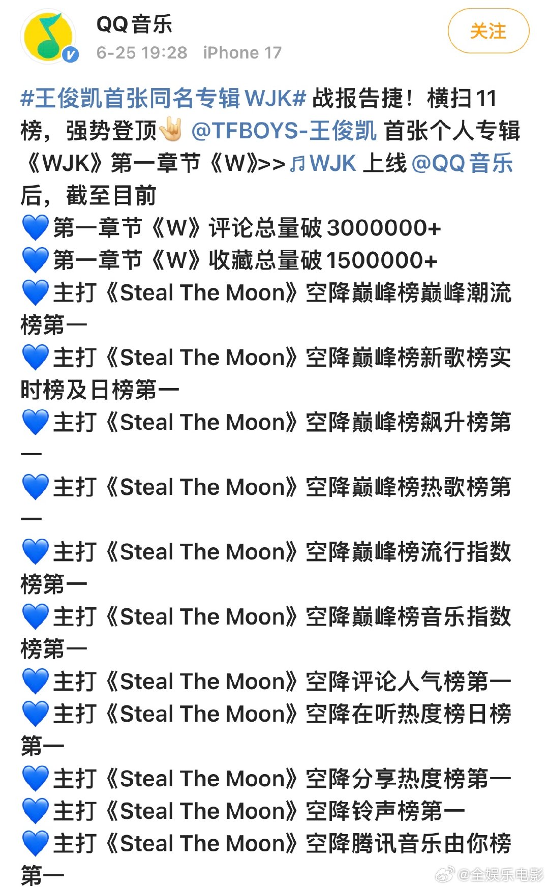 王俊凯专辑WJK好多第一王俊凯专辑WJK战报横扫11榜王俊凯专辑WJK战报横扫1