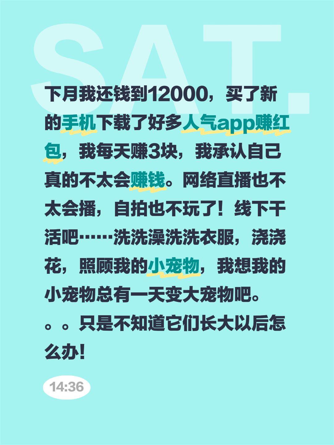 下月我还钱到12000，买了新的手机下载了好多人气app赚红包，我每天赚3块，我