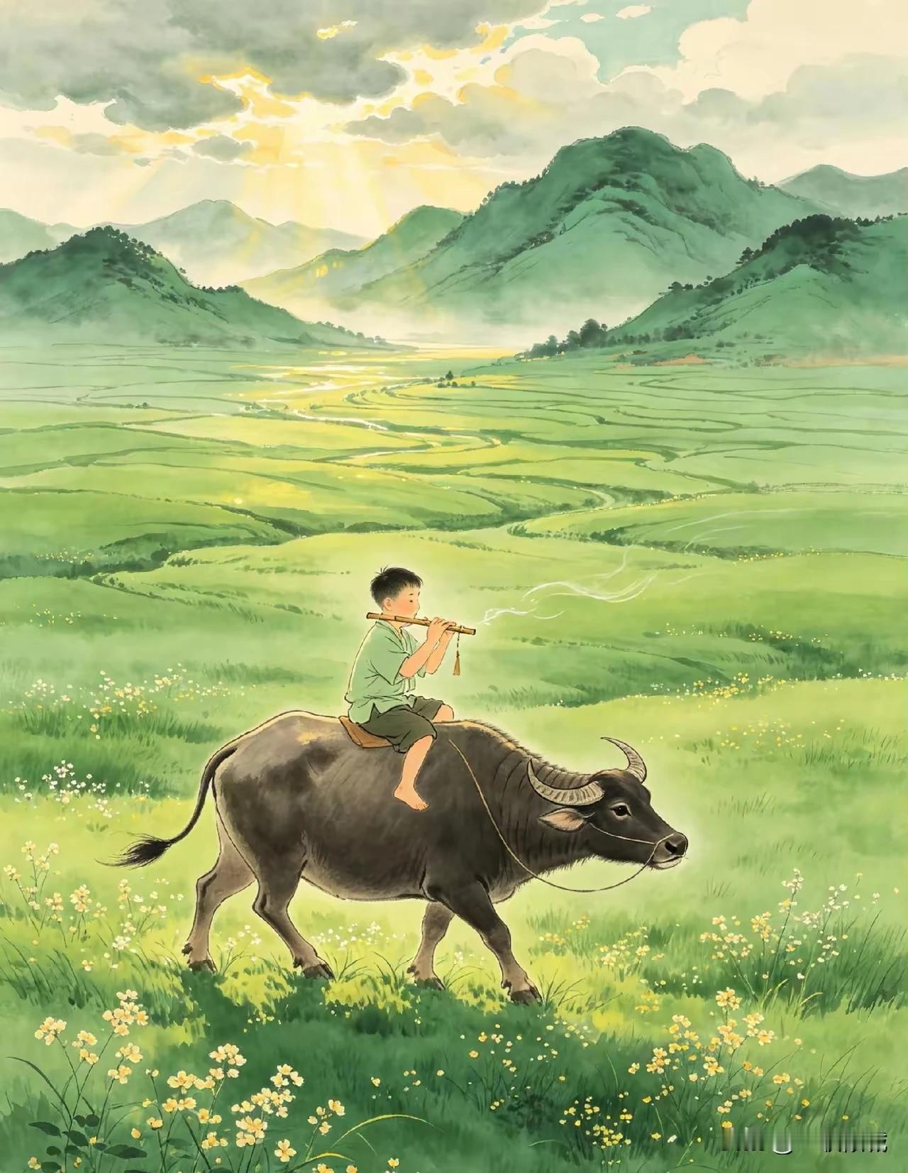 上联：阵阵牧笛随风远，
下联：微微春风伴我行。