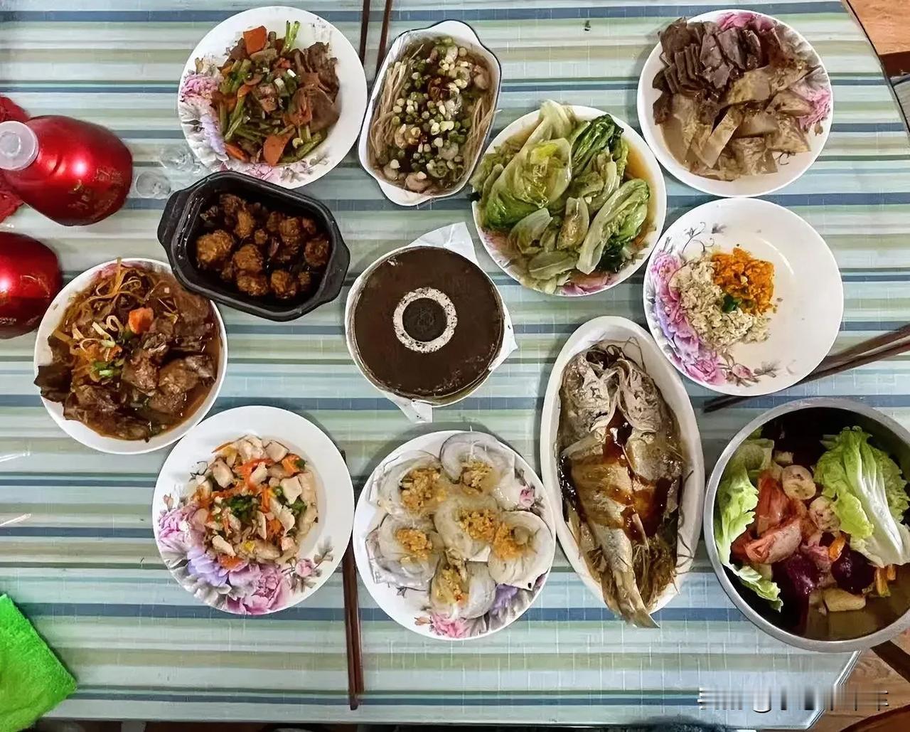 吃年夜饭了没有，我们家里的习俗是中午吃年夜饭。今天自个做了一大桌，爸妈评价还不错