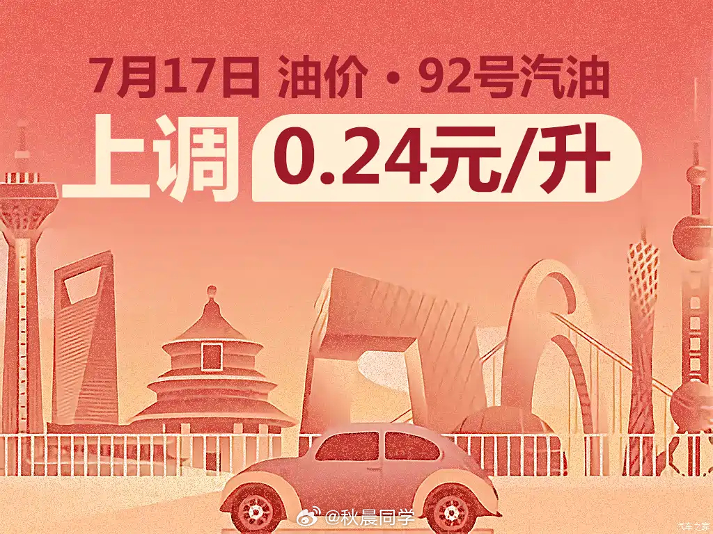 下班记得加油，今晚12点后涨价了92号汽油每升上调0.24元95号汽油每升上调0