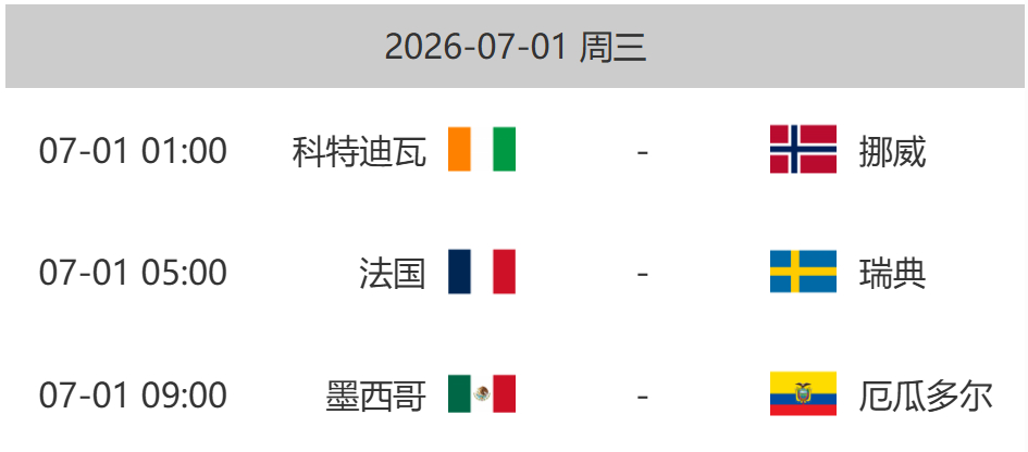 世界杯 今晚三场比赛分别是科特迪瓦VS挪威法国VS瑞典墨西哥VS厄瓜多尔哪个队今