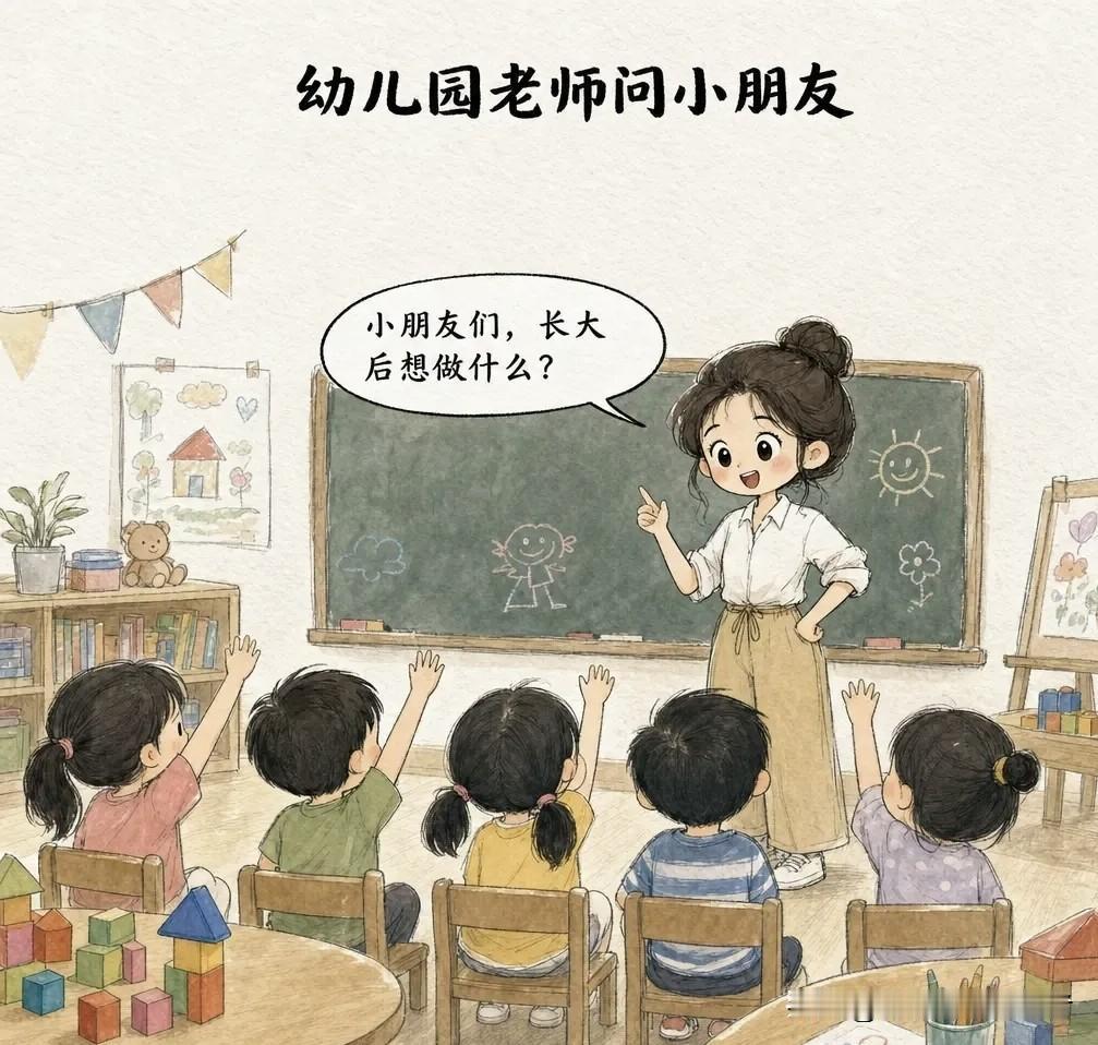 趣味漫画：幼儿园老师问小朋友：「长大想做什么？」小红：「医生！」小刚：「警察！」