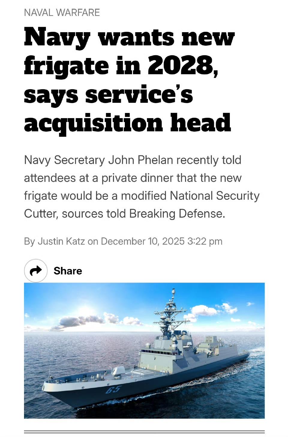 美国海军仍不死心，Breaking Defense报道，美国海军部长约翰·费兰表