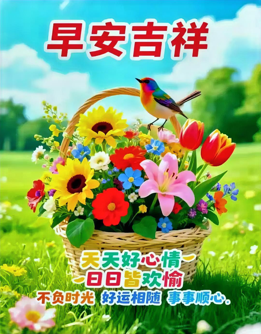 早安吉祥！花篮盛满夏日绚烂，小鸟轻鸣好运到，愿你天天好心情，事事顺心不烦恼！
分