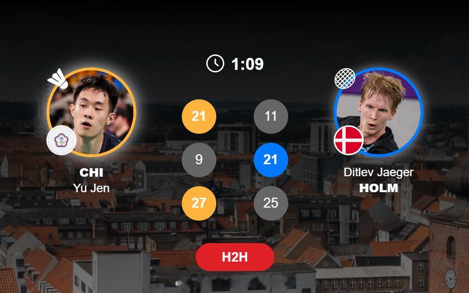 汤杯 C组 中国台北 3-2 丹麦男单 戚又仁 21-11 9-21 27-25