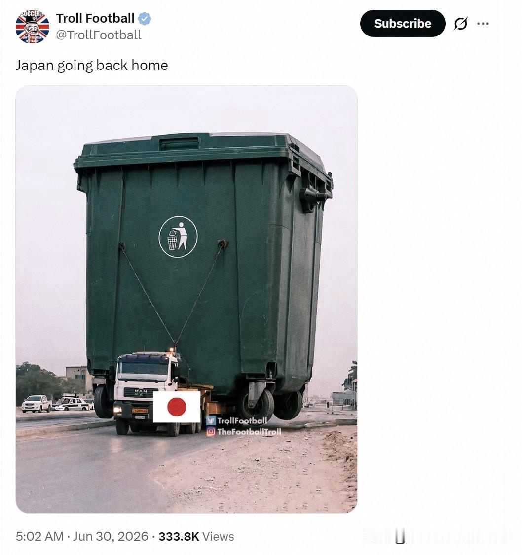 日本输给巴西之后，欧美知名足球账号“Troll Football”发布了一张有关