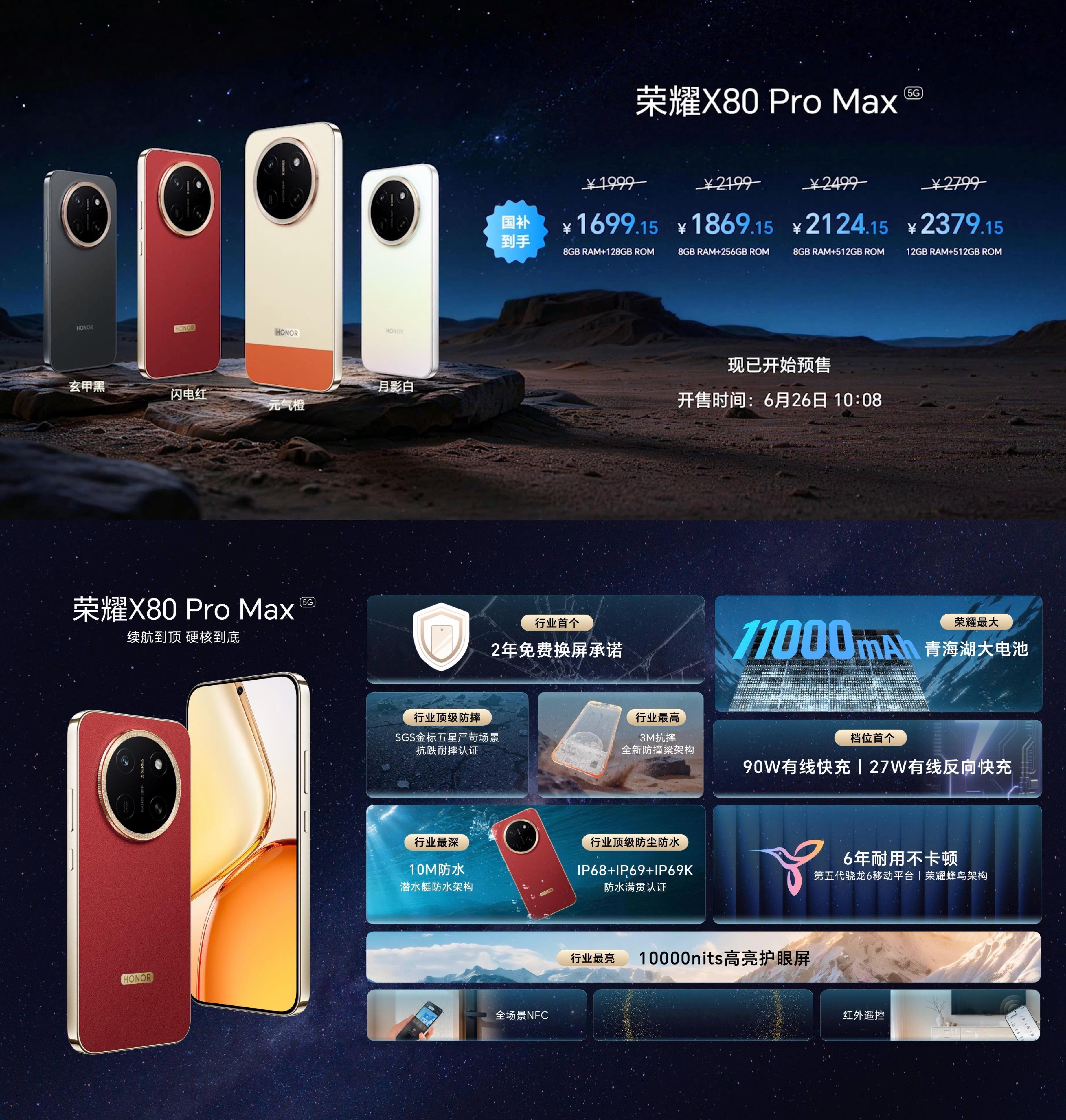 荣耀X80 Pro Max发布，价格1999元起步，国补1699元，电池1100