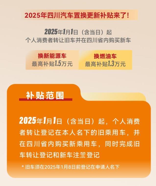 【车视头条】近日，四川省2025年汽车置换更新补贴正式上线，个人消费者在2025