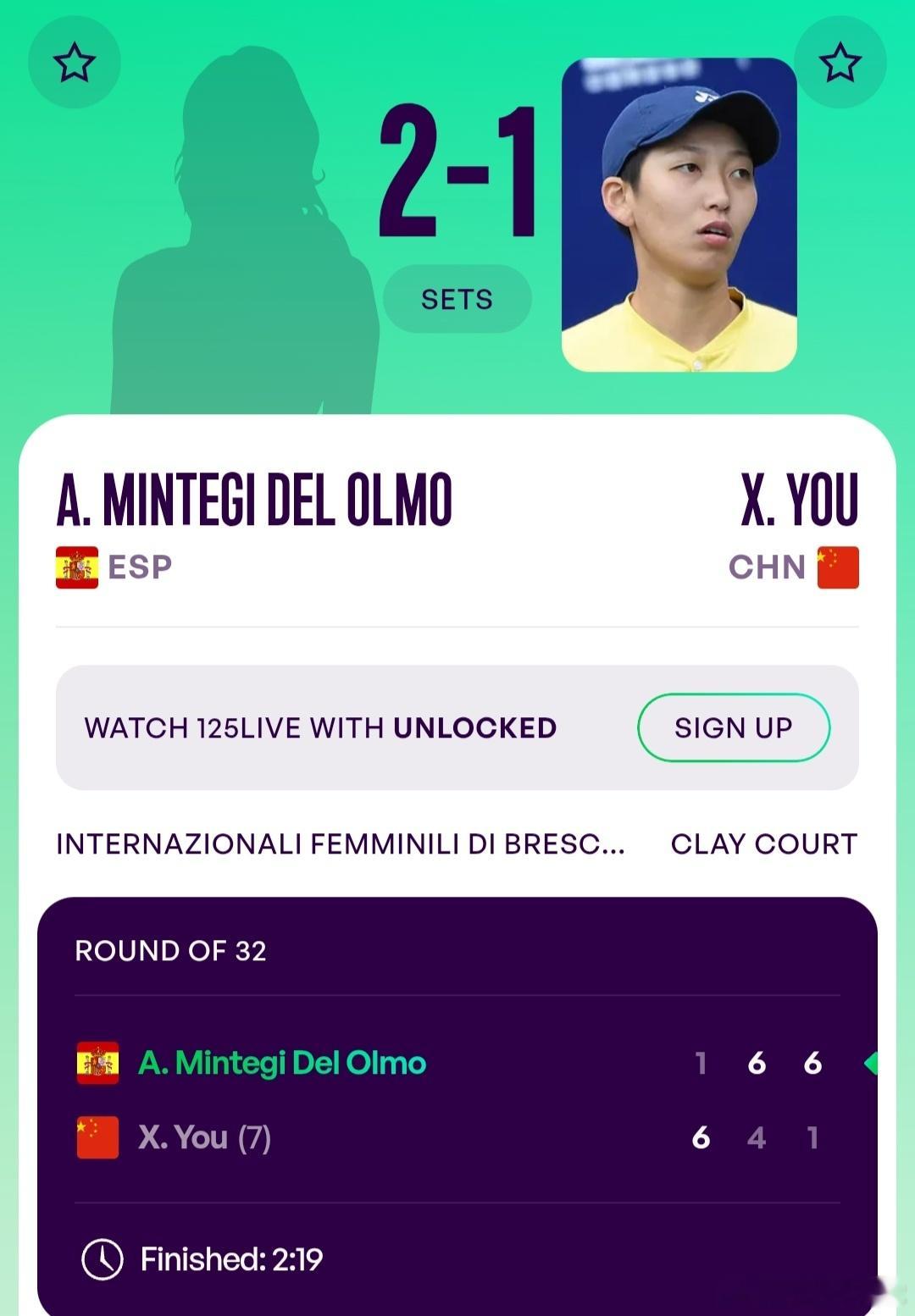 WTA125布雷西亚站🇮🇹女单第1轮尤晓迪🇨🇳6-1/4-6/1-6不敌