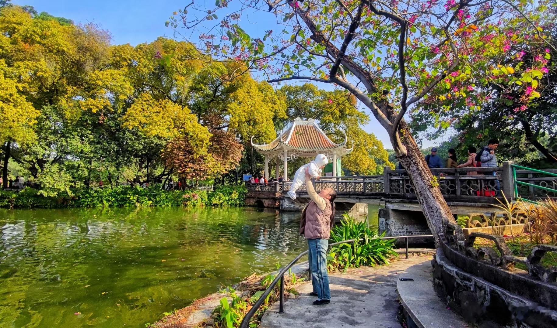 冬林披彩裳，湖水映蓝天。木栈行人缓，亭边笑语扬。闲情融画卷，逸致入诗章。尘世喧嚣