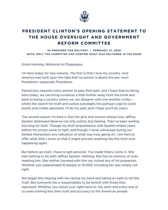 美国前总统比尔·克林顿在就杰弗里·爱泼斯坦一案作证前，向众议院监督委员会发表了开