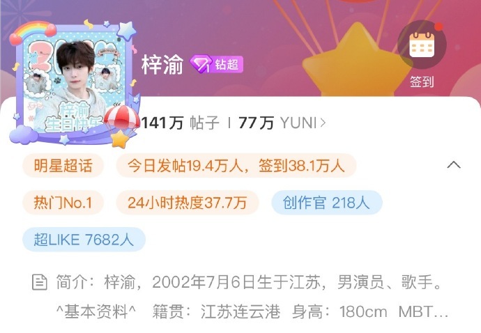 梓渝超话签到破 38 万 ， 田栩宁梓渝超话签到人数 持续飙升，这就是粉丝对梓渝
