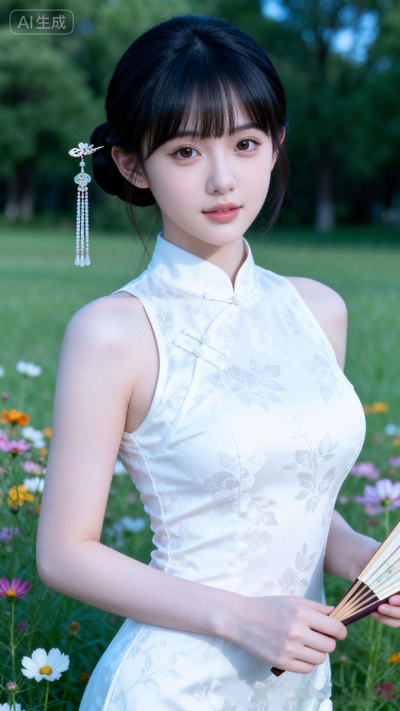这位小姐姐在花丛中优雅地站着。