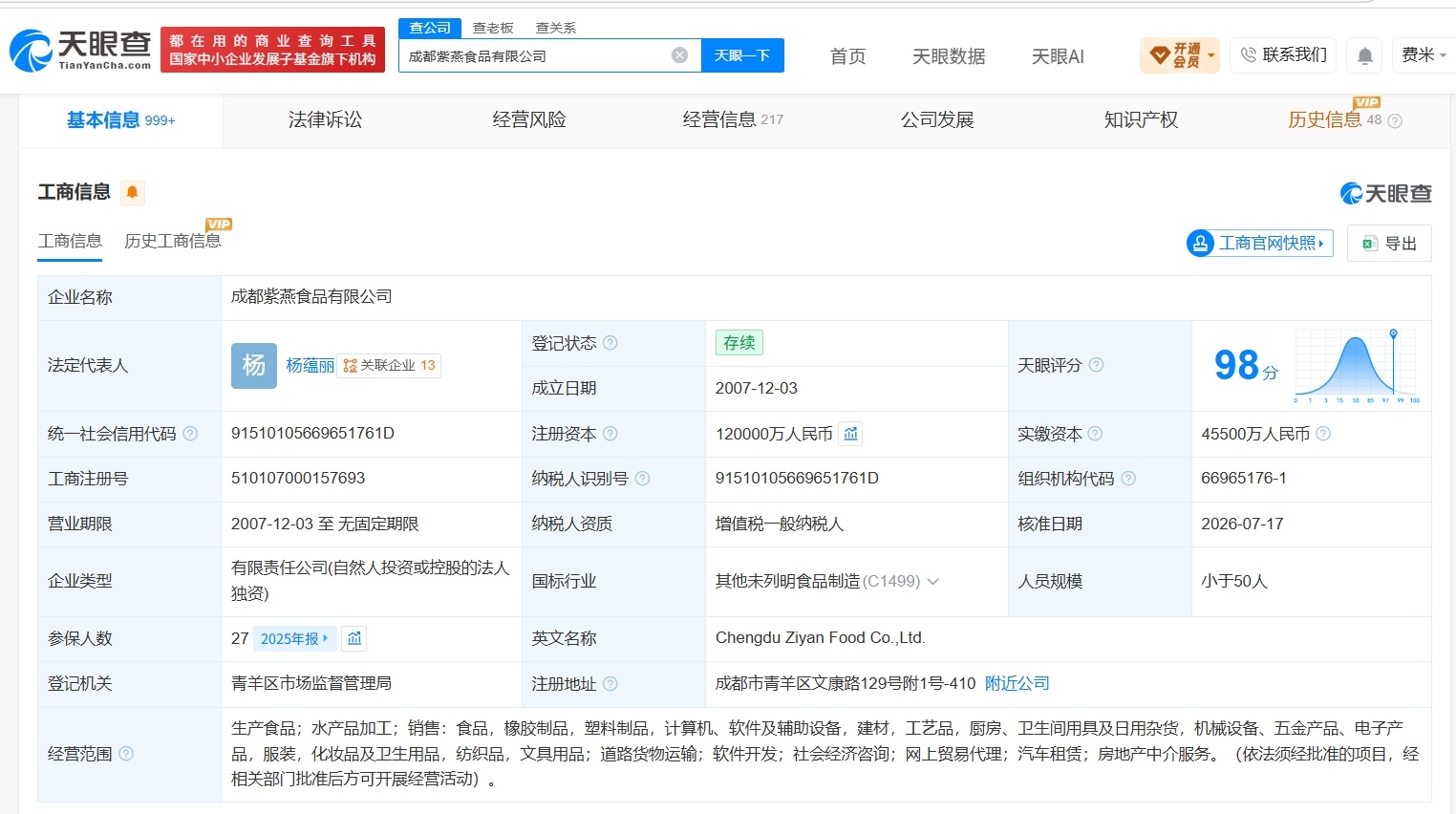 【紫燕食品旗下成都公司增资至12亿 增幅20%】财报研究社Pro讯，天眼查App
