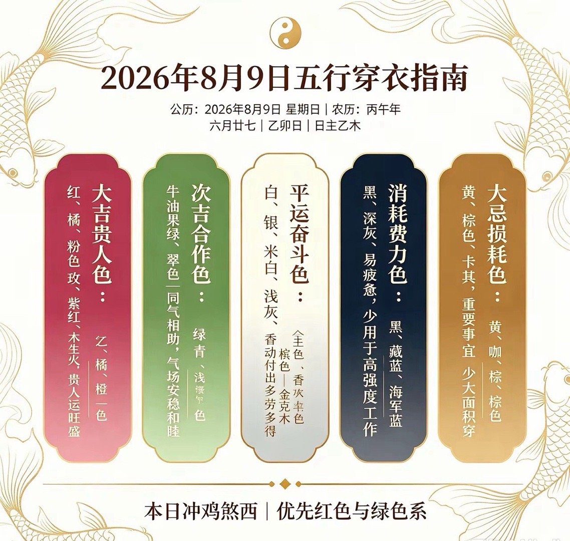 2026年8月9日十二生肖五行穿衣指南公历：2026.8.9 周日农历：丙午年 
