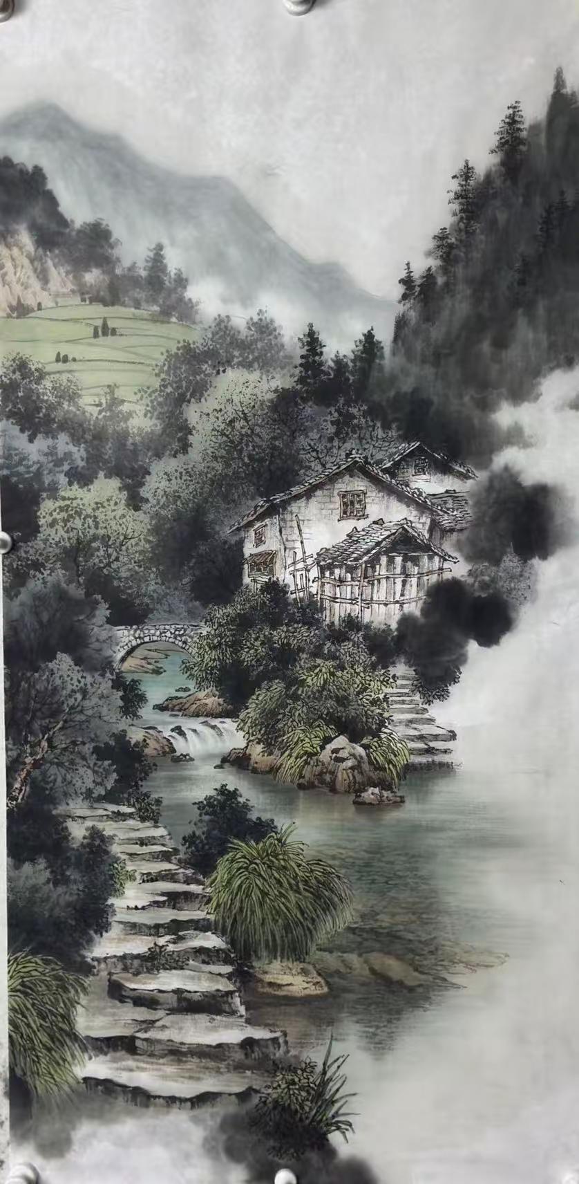 溪桥隐居图。手绘山水纯手绘 国画山水 写意国画 水墨画