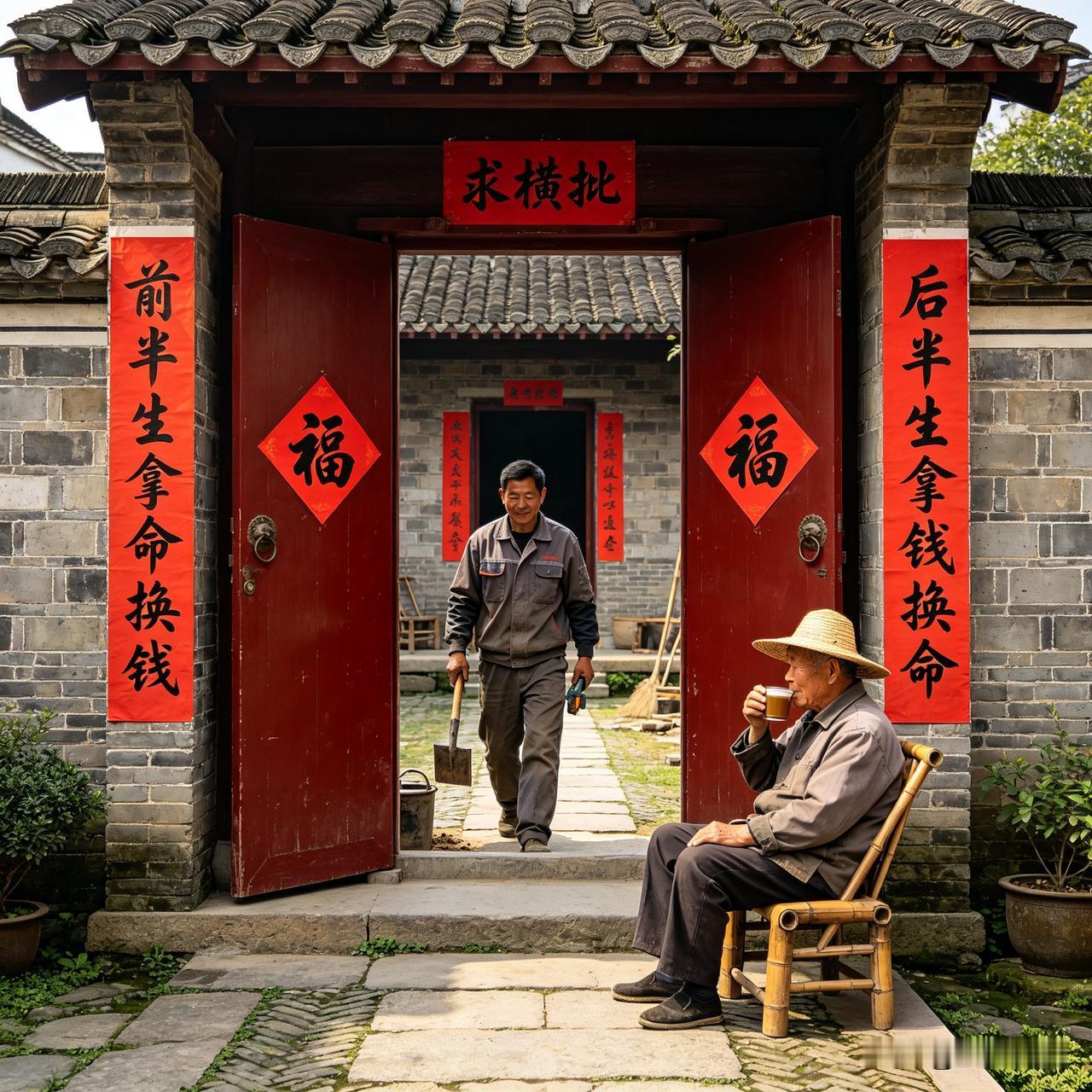 今日分享一副道尽人生现实的对联：上联前半生拿命换钱，下联后半生拿钱换命。诚邀各位