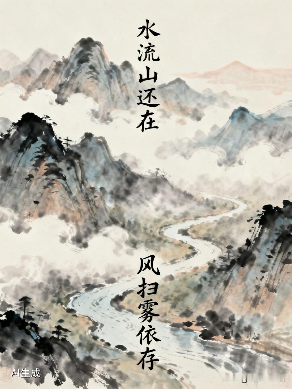 上联：水流山还在，下联才友请风扫雾依存！