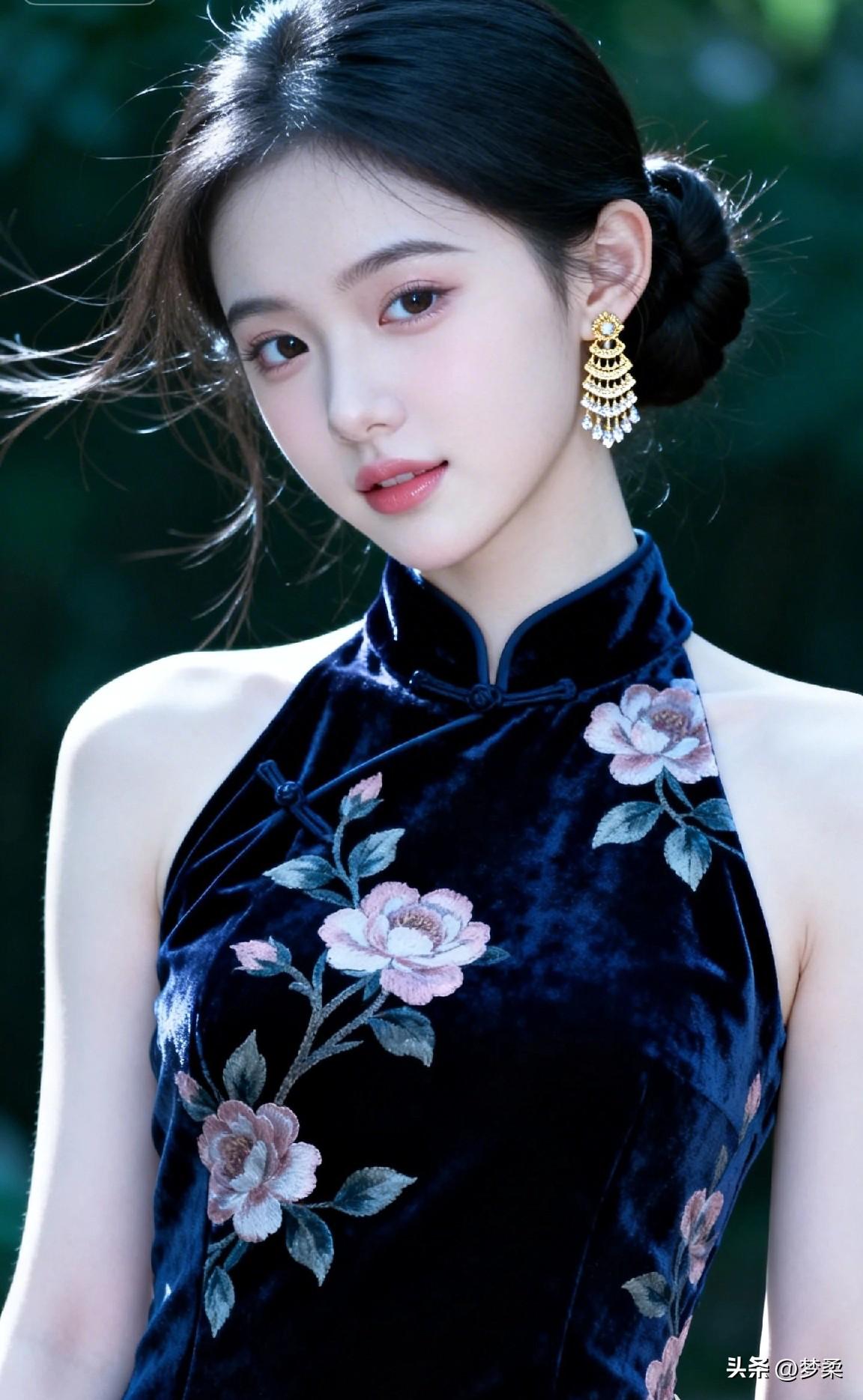 优雅黑丝绒旗袍，花枝招展，梦回民国