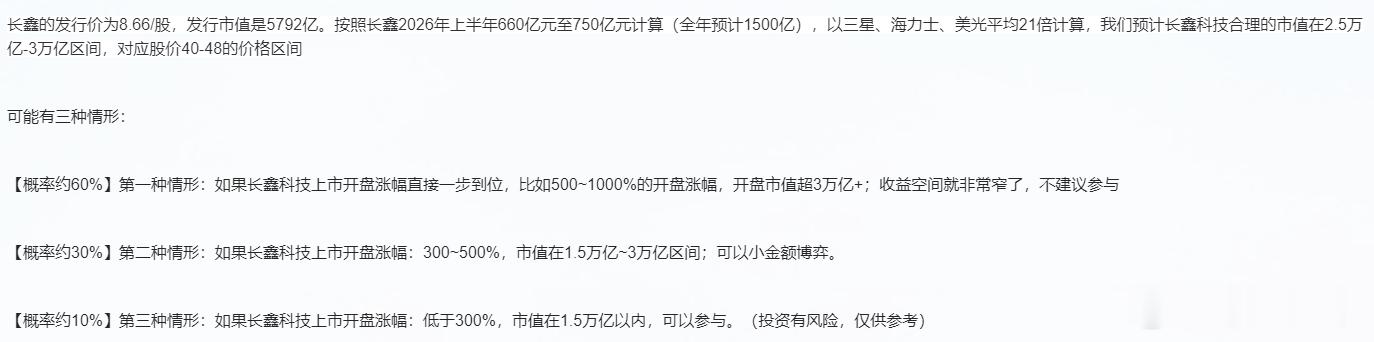 机构对于长鑫科技上市首日市值的推演： 