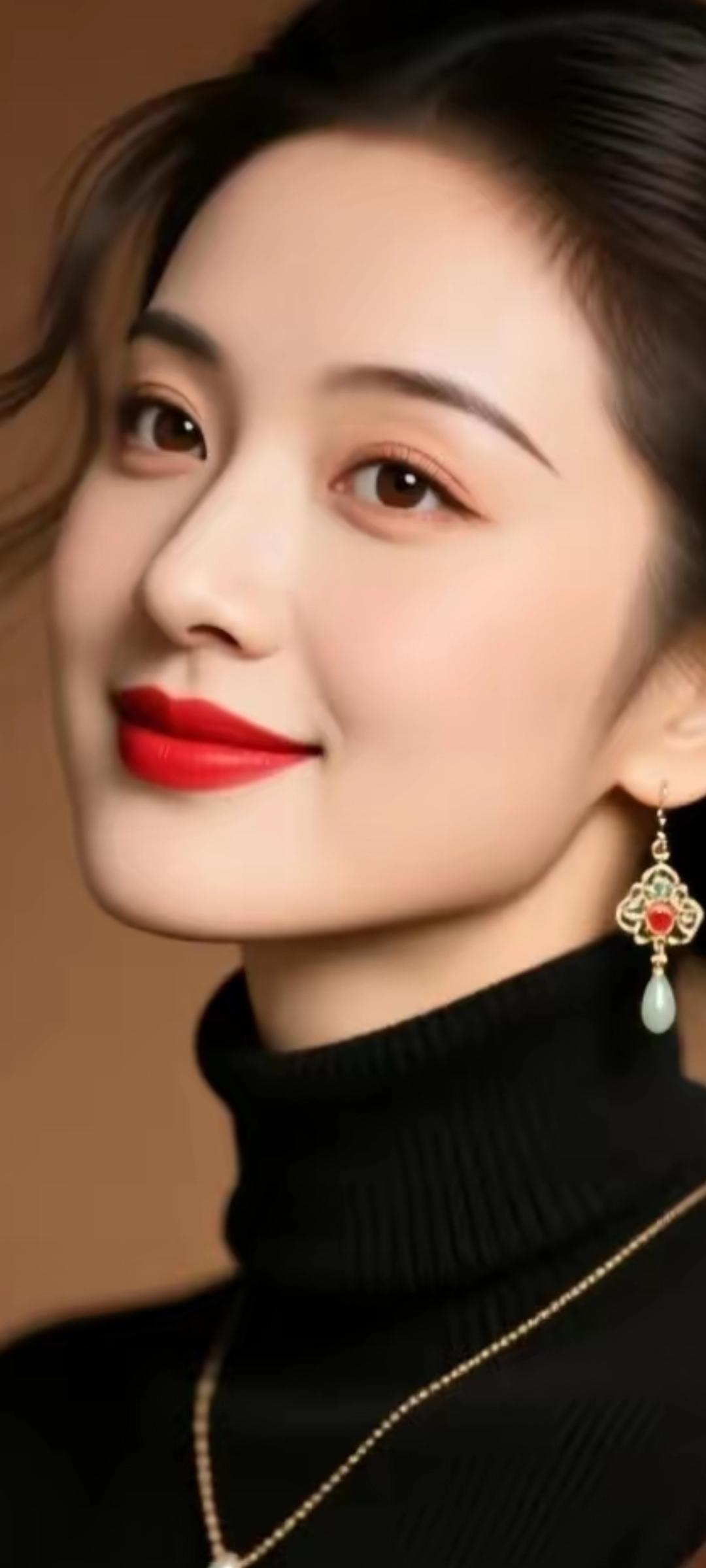 优雅红唇，精致耳饰，黑色高领毛衣，尽显女性魅力！💄💎✨