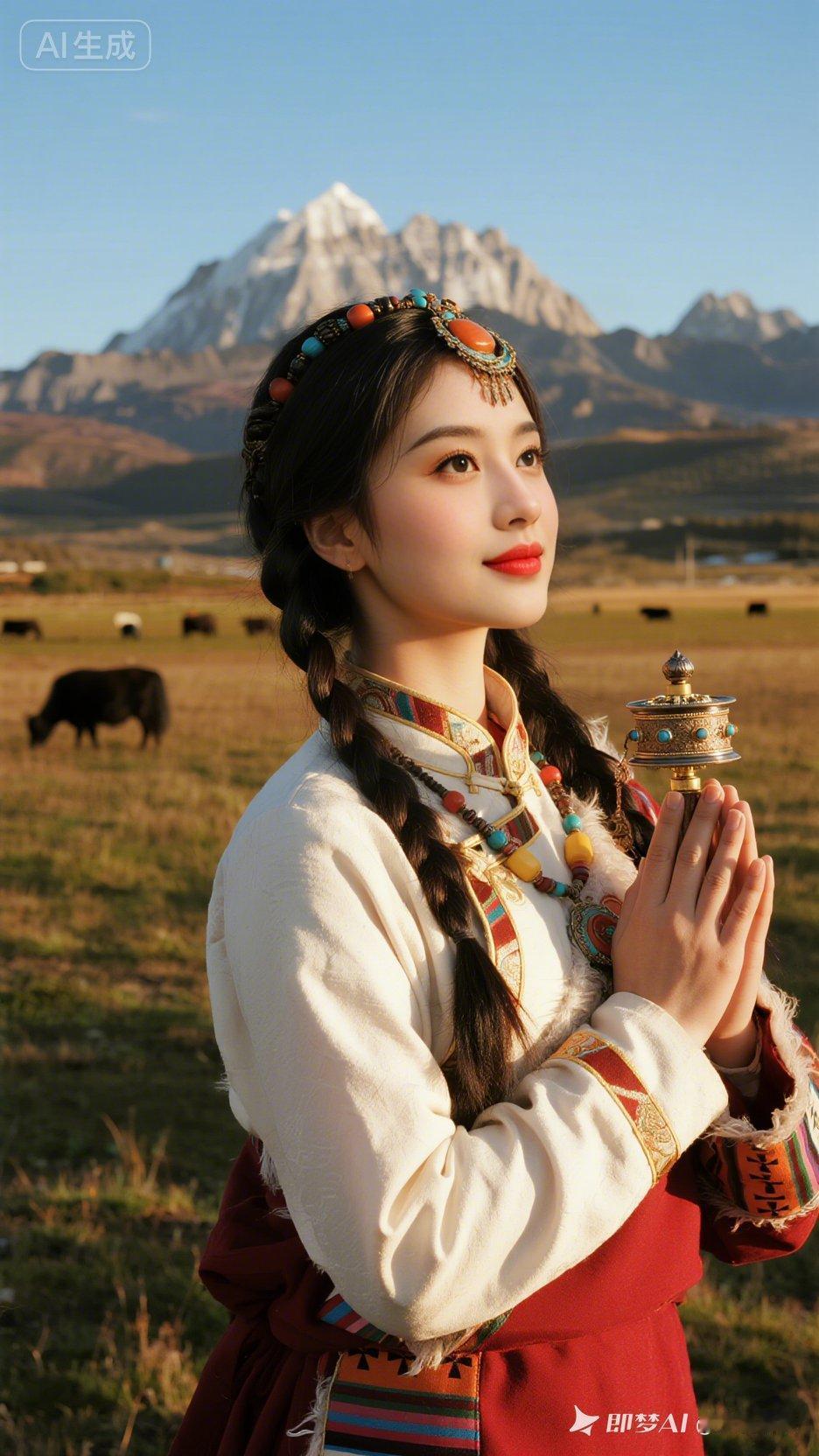 草原上的美丽姑娘，手持转经筒，祈愿平安与幸福。