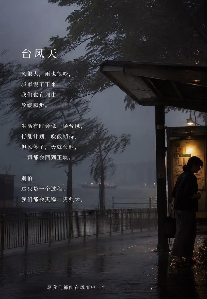 台风天
风很大，雨也很吵，城市慢了下来，我们也有理由放缓脚步。
生活有时会像一场