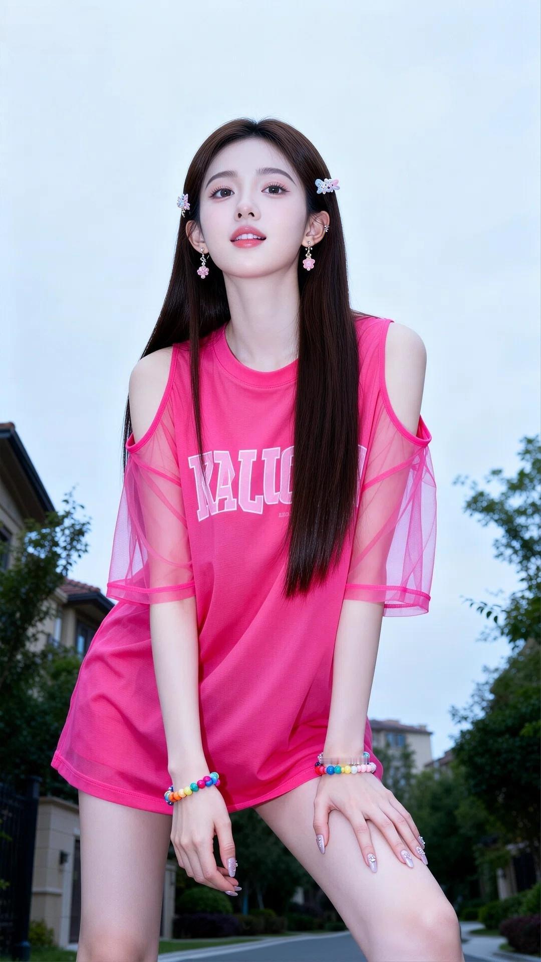 玫红色真是自带少女心的颜色。穿上瞬间感觉自己回到了少女时代。半透出绝妙的身材，整