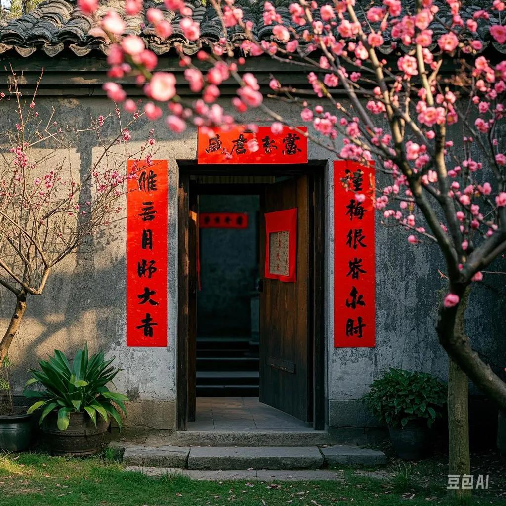 上联:  雪落大地铺画纸，诚邀下联
下联：梅开小院点朱红
解析：“梅开”对应“雪