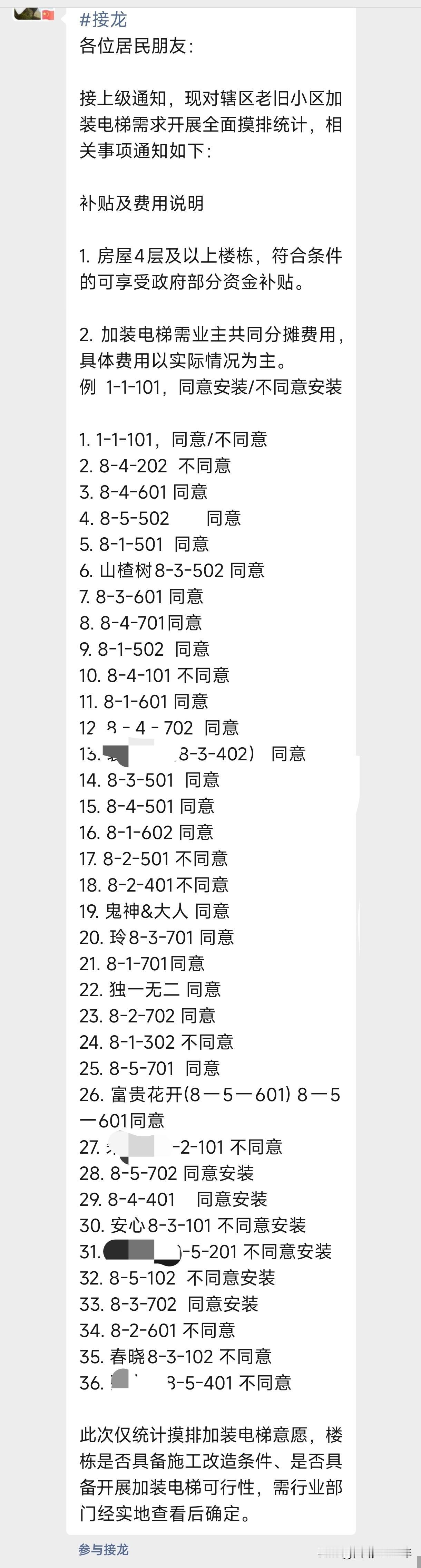 小区在统计居民对加装电梯的意愿，低楼层的大都不同意，高楼层的居民肯定都是愿意的，