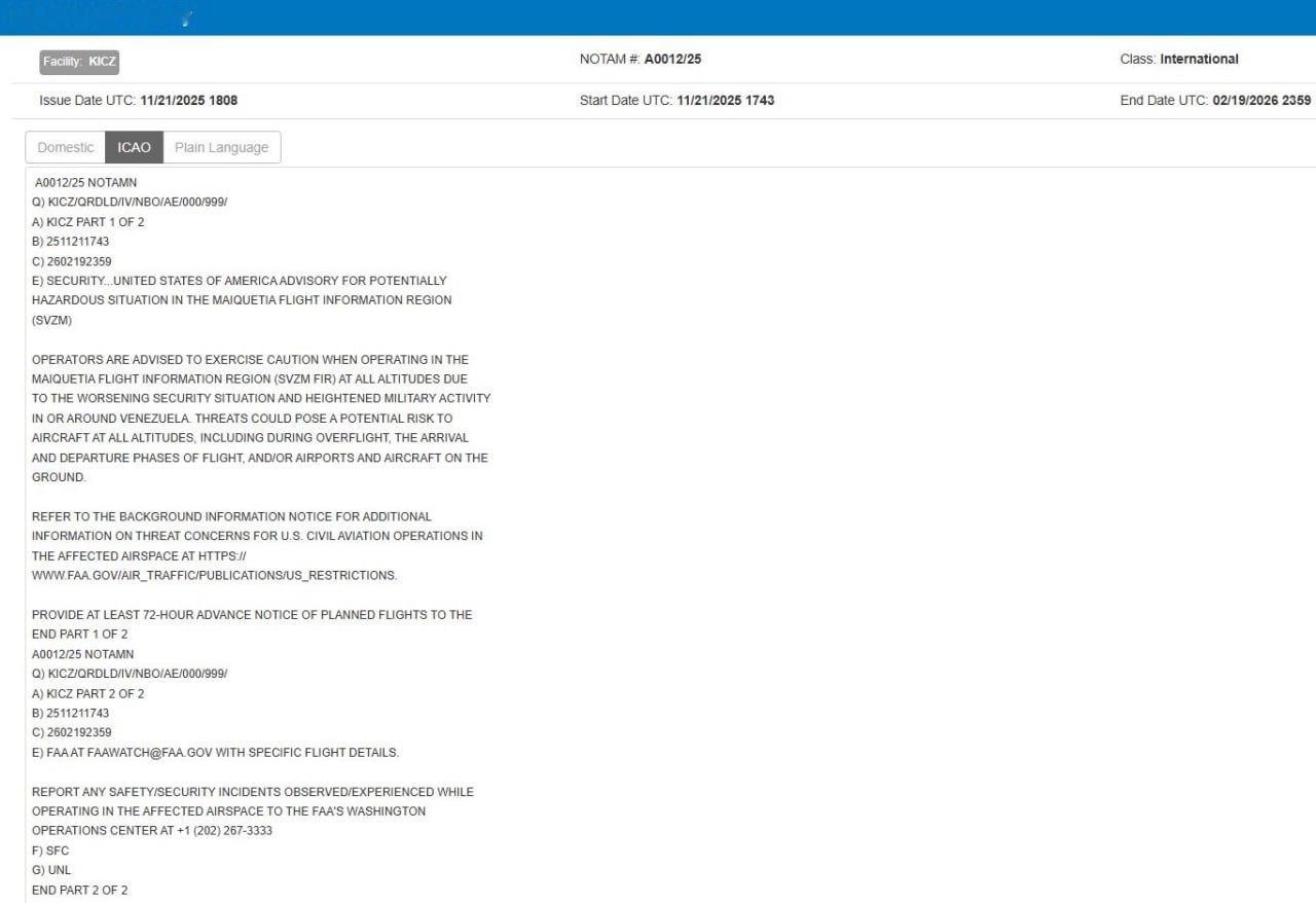 ❗数小时前，美国联邦航空管理局  对所有飞往委内瑞拉附近或飞往委内瑞拉的航班发布