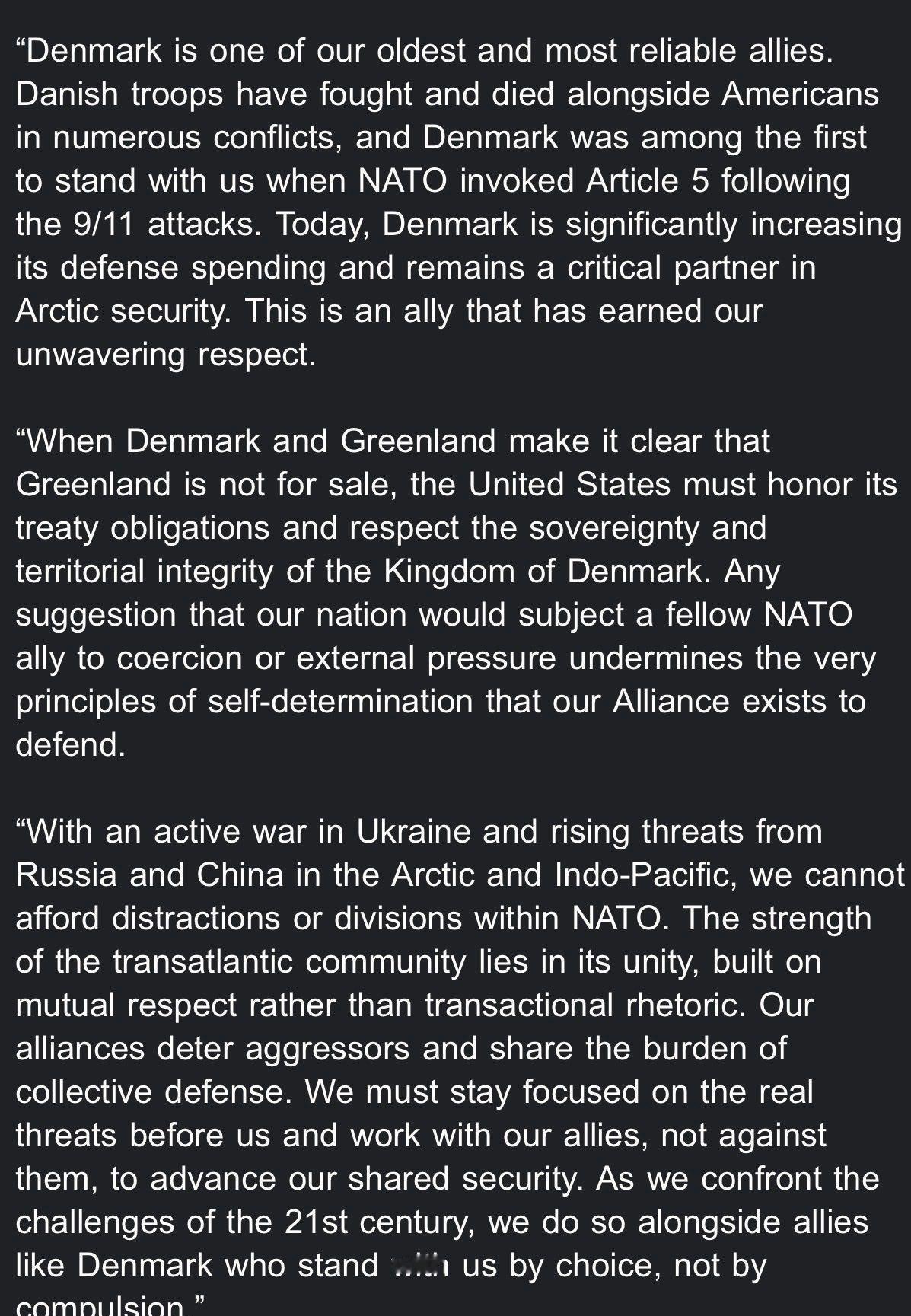·美参议院罕见两党共同声明：

丹麦是我们最古老、最可靠的盟友之一。川普总统必须