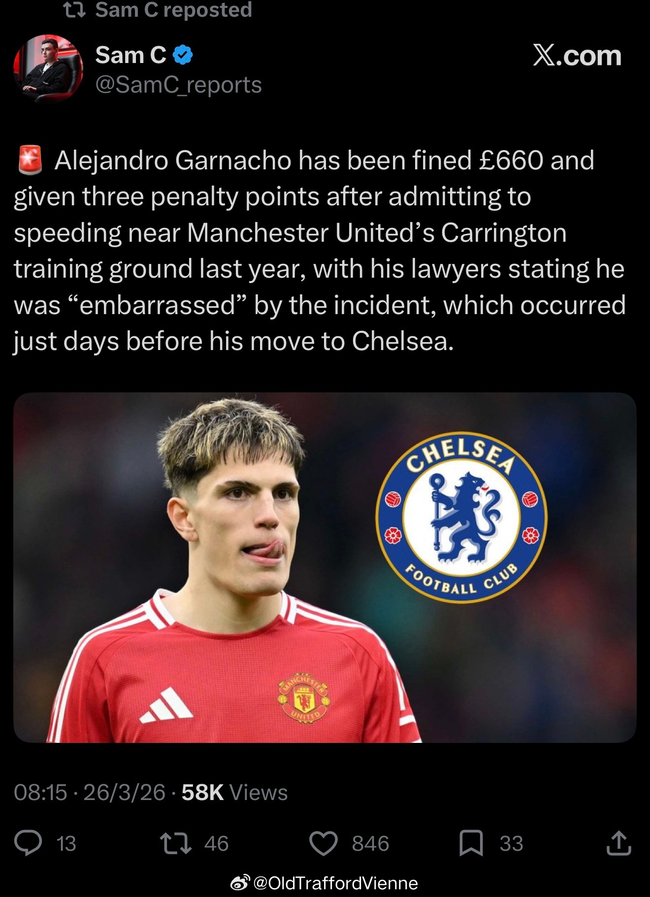 加纳乔去年加盟切尔西之前在卡灵顿附近因为超速被罚660块，并被罚了3分。律师回应