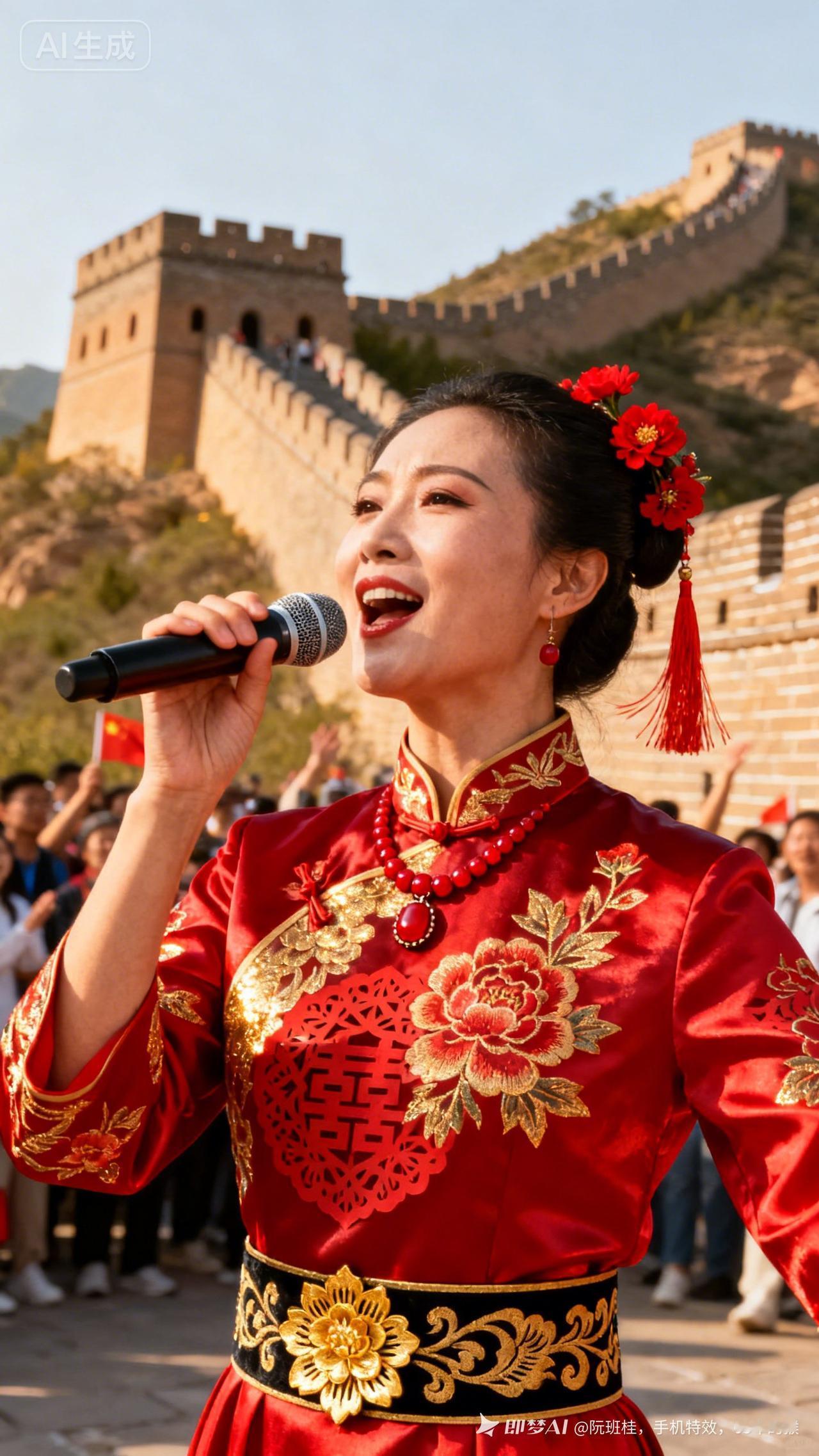 长城脚下，红衣美人唱响中国风