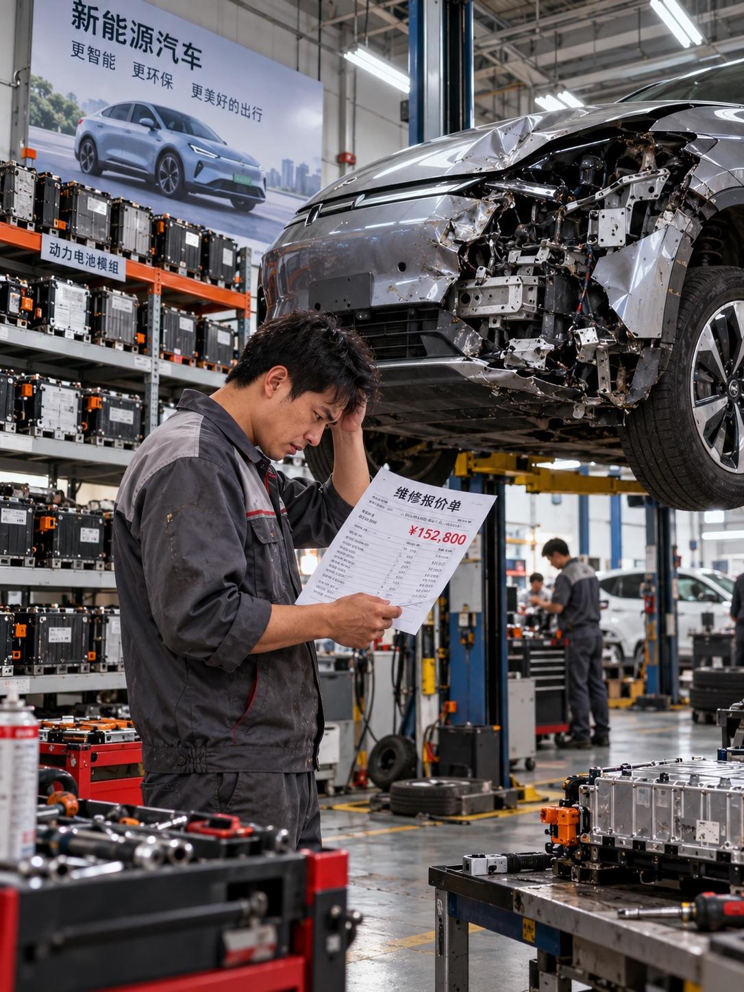 15万买的电车，修一下报价13万，我人傻了

同事老周上个月追尾了，车头撞得不轻
