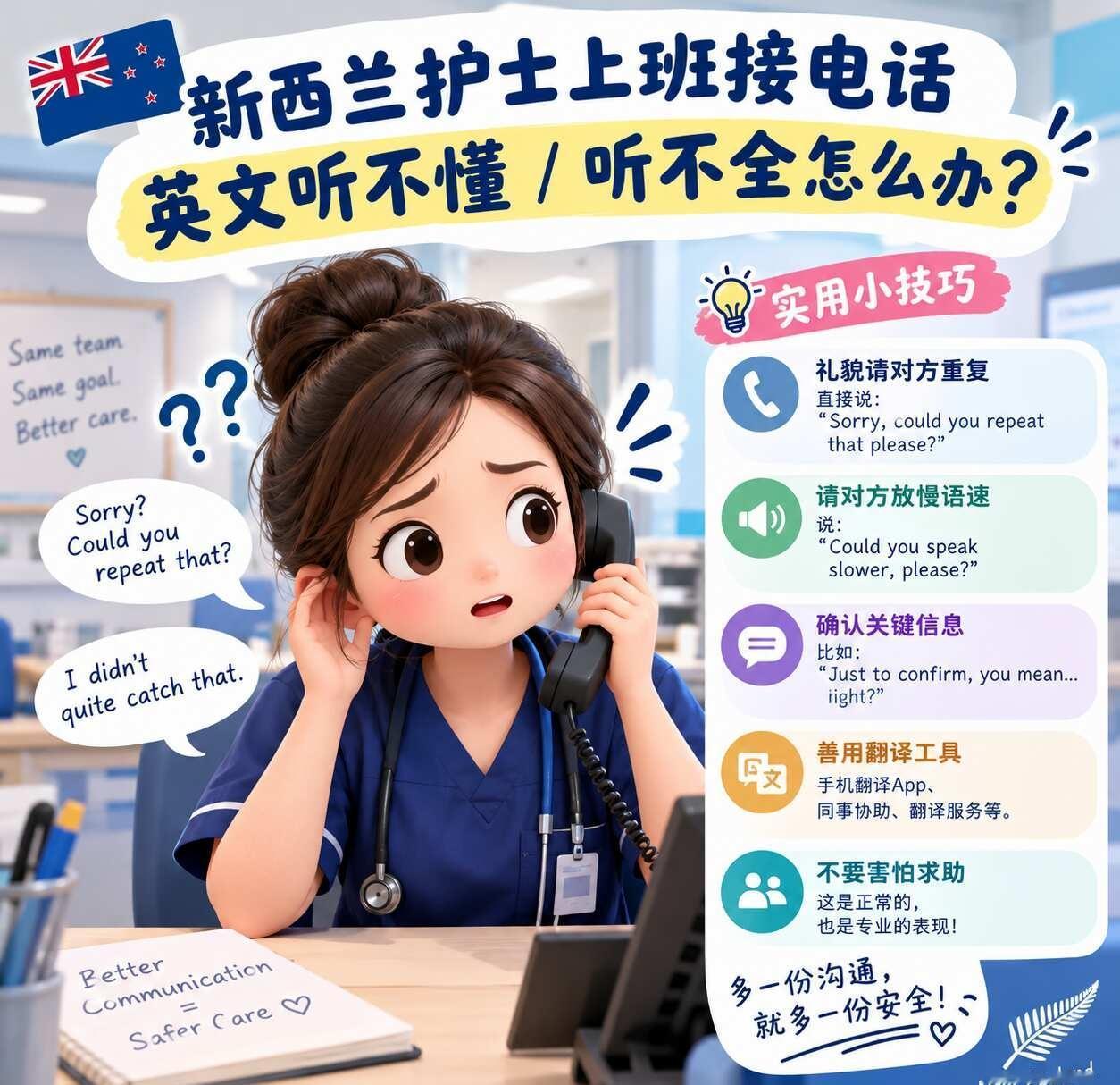 新西兰护士上班接电话听不全怎么办
我接电话还是有点慌，我面对面交谈没问题。客服恐