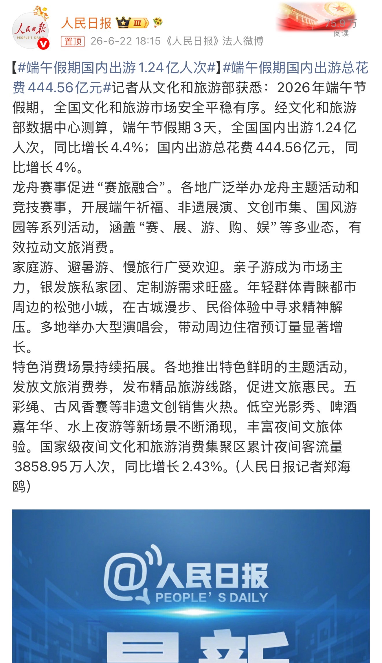 端午假期国内出游1.24亿人次这么一看，假期带动的消费还不少，国内出游总花费44
