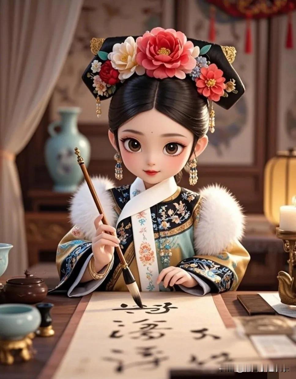 在古风的世界里，格格模样的才女头像格外吸睛。

她专注于书法练字，身姿优雅，眉眼