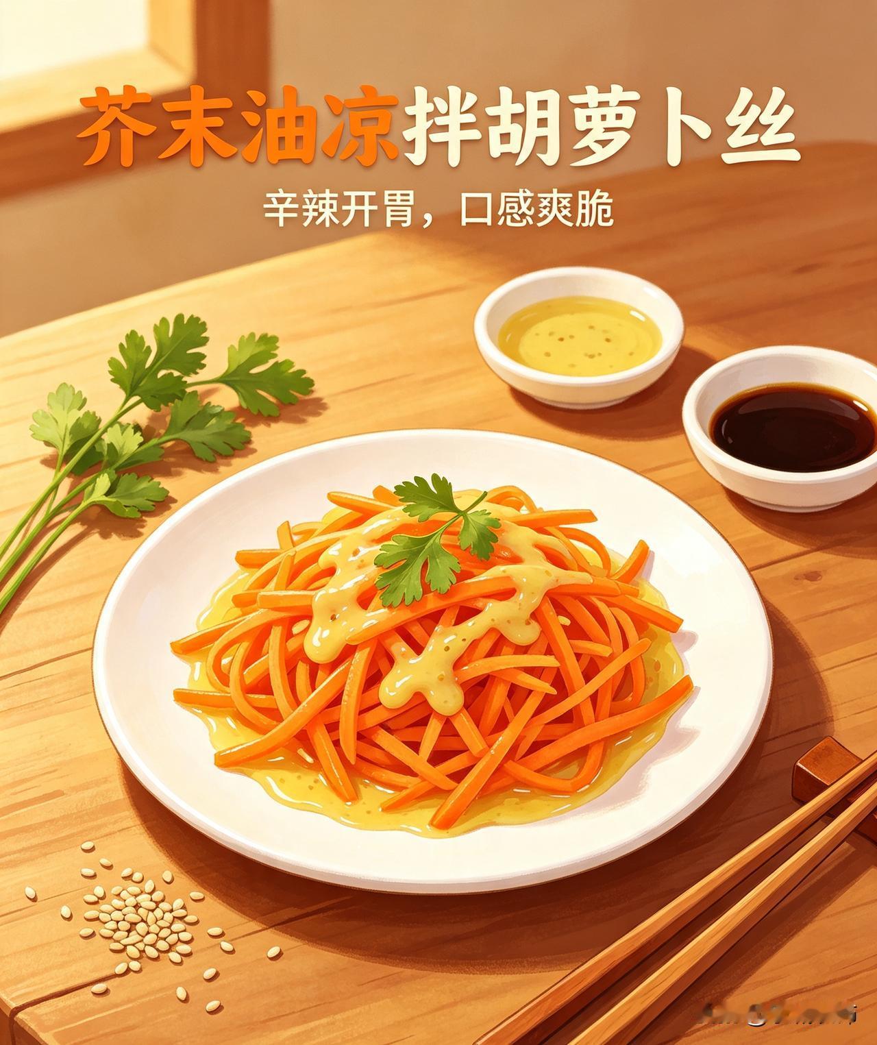 胡萝卜洗净切细丝，开水下锅焯30秒，捞出过凉水，挤干水分装盘。
 
调料汁：放少