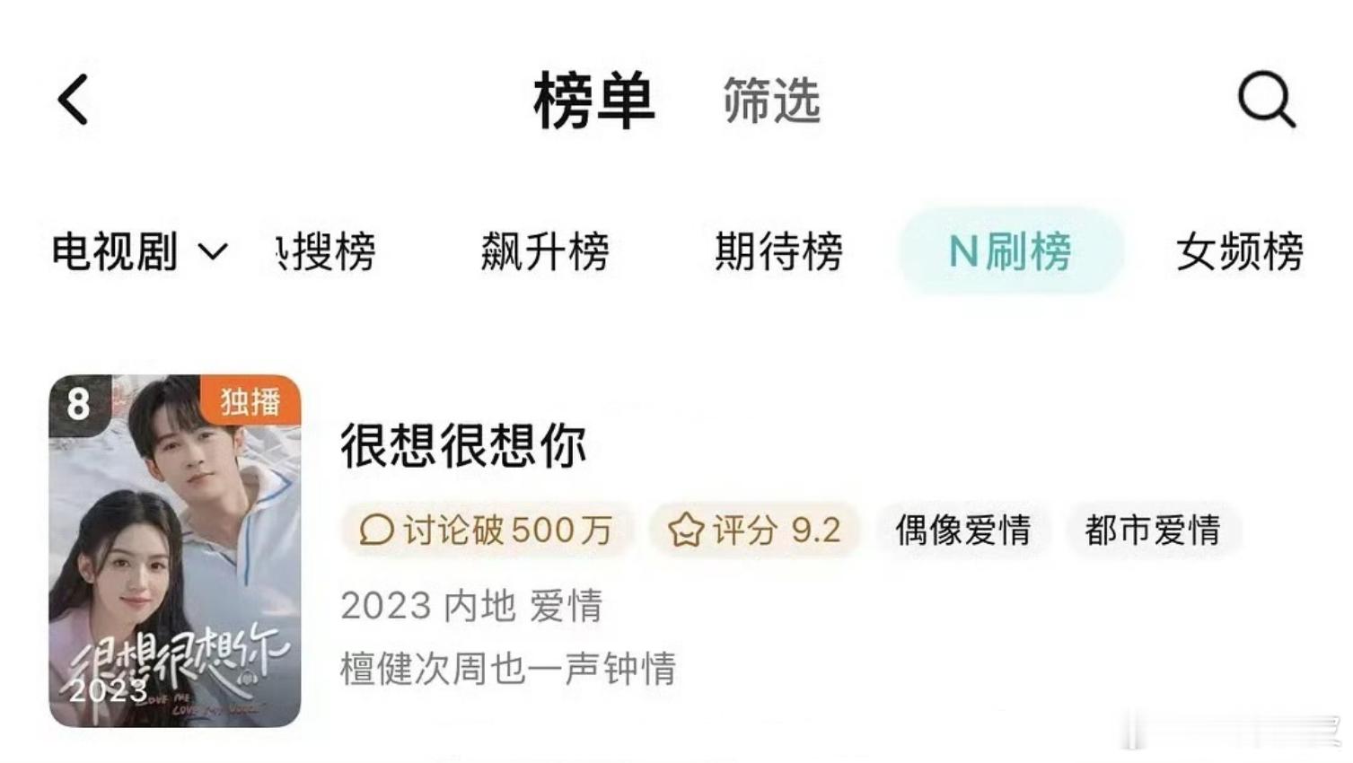 檀健次、周也《很想很想你》N刷榜第八 