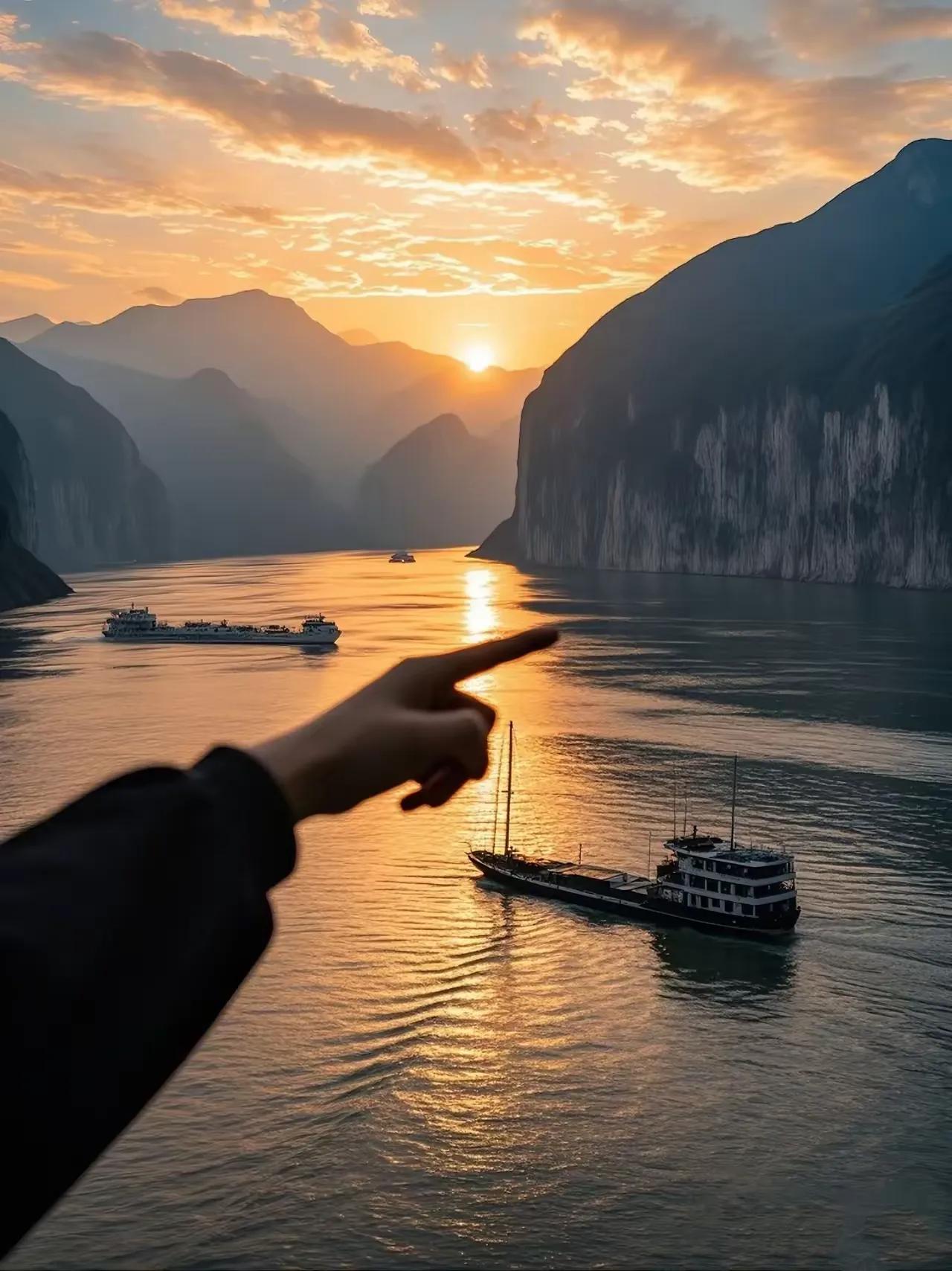 夕阳下的长江三峡，被余晖染成了一片橙红。江水波光粼粼，闪耀着金色的光芒。两岸的山