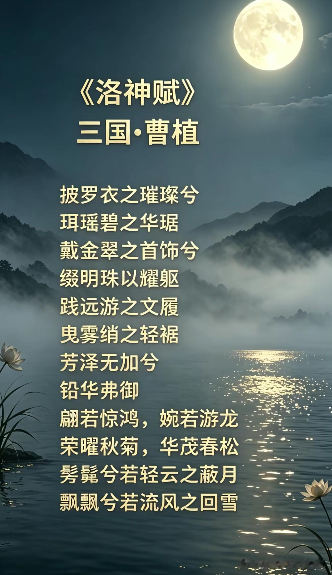 洛神赋之中！我最喜欢最后两句！髣髴兮若轻云之蔽月，飘飖兮若流风之回雪。就是不知道