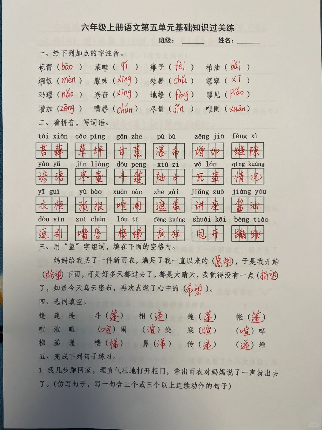 六年级上册语文五到八单元基础知识过关练